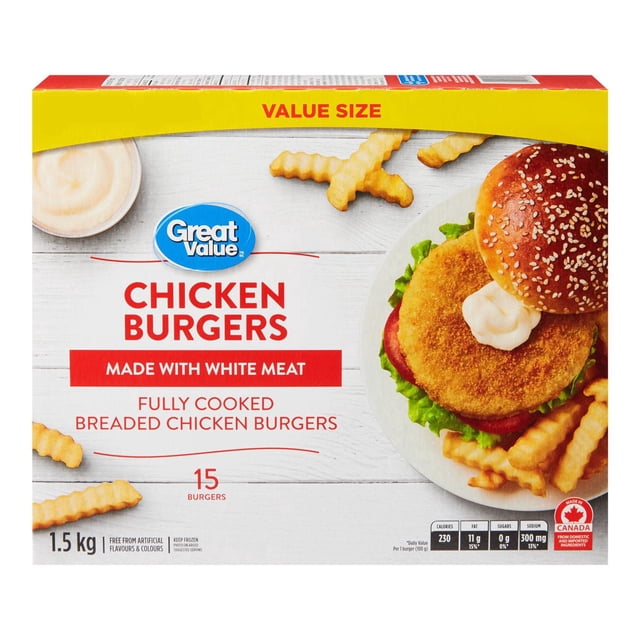 Great Value Chicken Burgers (Value Size) package containing 15 fully cooked breaded chicken patties made with white meat, weighing 1.5 kg. The box displays a chicken burger with lettuce, tomato, and mayonnaise on a sesame seed bun, served with crinkle-cut fries on a white wooden surface, suitable for quick and easy frozen meals.