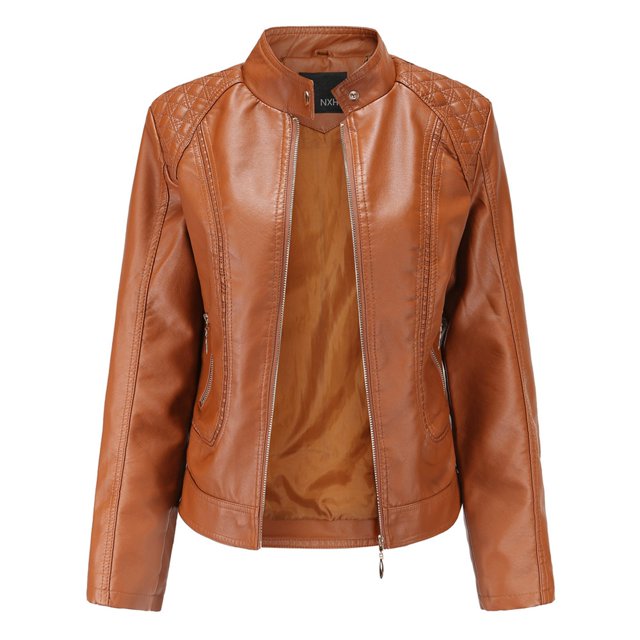 Veste de Moto en Cuir pour Femmes Col Montant Ajustée avec Fermeture Éclair