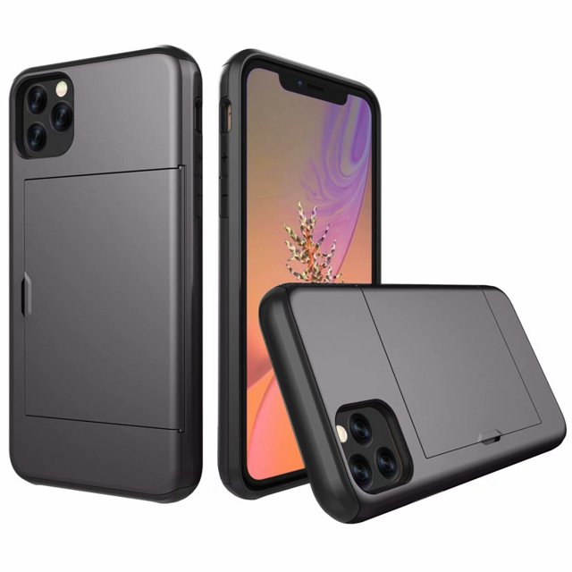 iphone 12Pro Max Case Hybrid Rugged Hard Back Cover with ID Credit Card Slot Holder Wallet Case for Apple iphone 12Pro Max - Grey