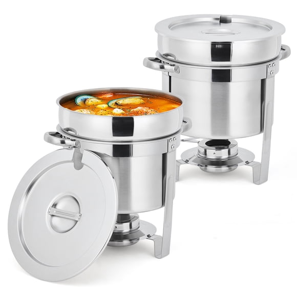2Pack 7QT Soup Chafer Station with Contemporary Marmite Water Pan, Stainless Steel, Including Fuel Holder & Ladle - Perfect for Buffets, Events and Party Service