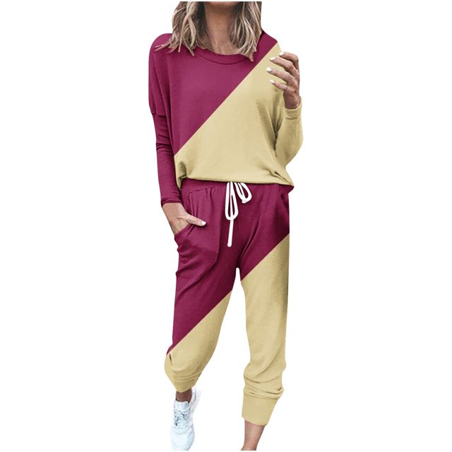 CHOK Womens Sport Set Long Sleeve Patchwork Color with Loose Cozy Petite Sweatpant Trendy Fall Winter Suits (X-Large Pink)