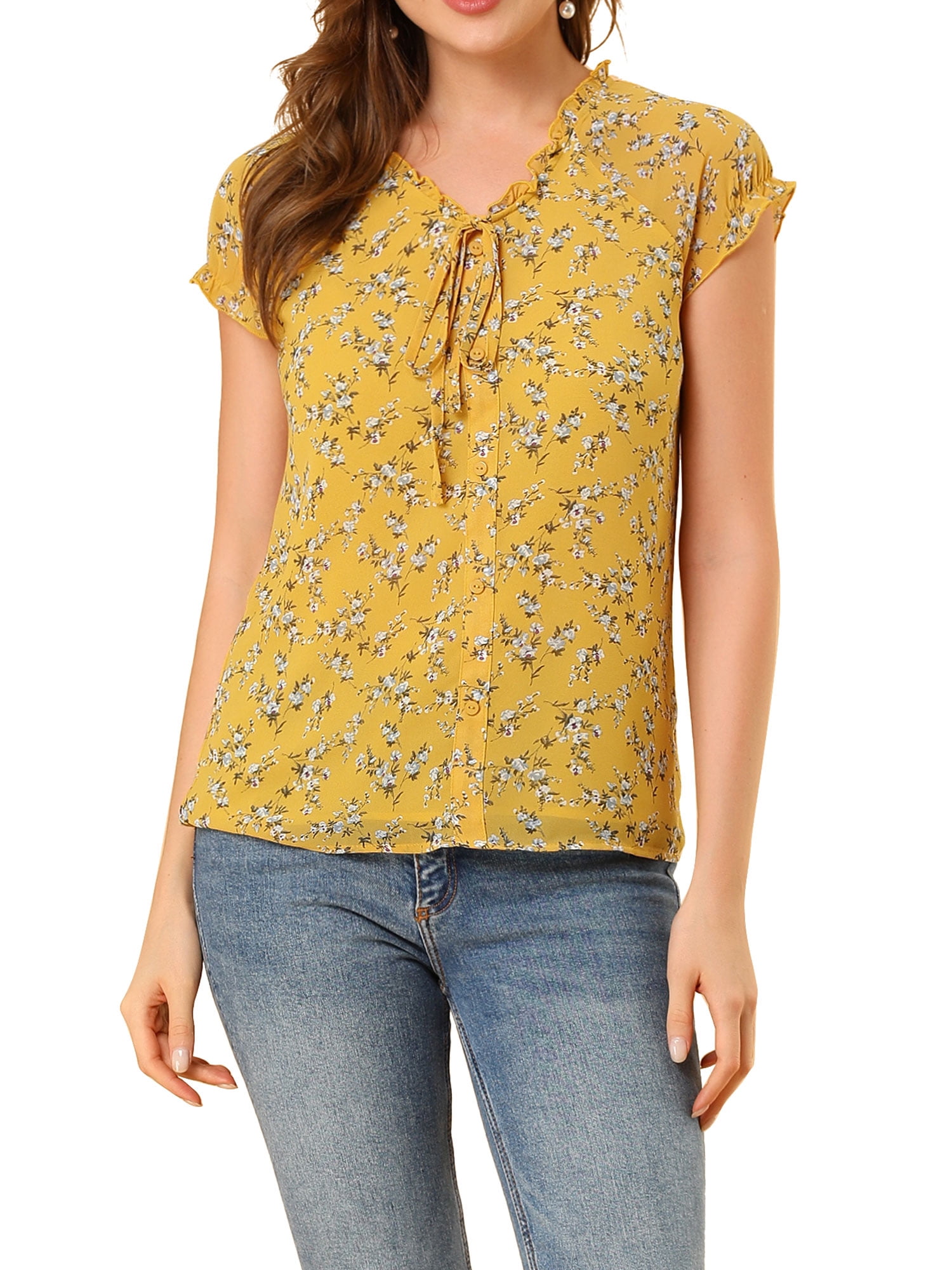 INSPIRE CHIC Women's Floral Blouse Short Cap Sleeve Chiffon Casual Ruffle Tops L Yellow