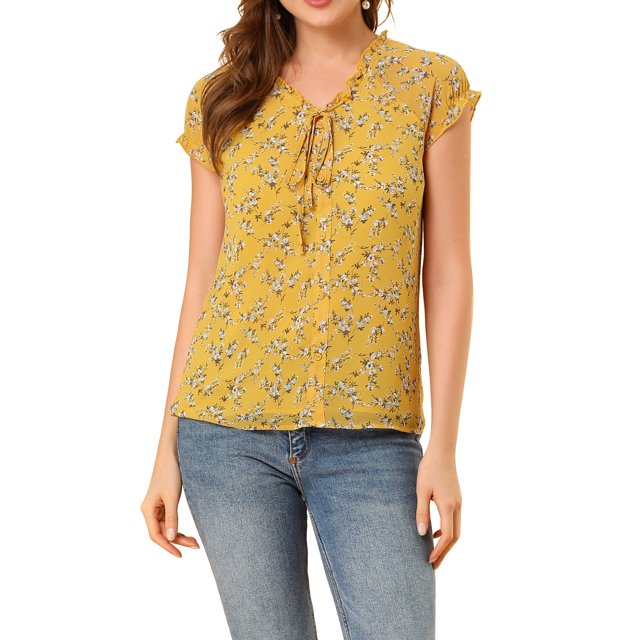 INSPIRE CHIC Blouse Fleurie pour Femme à Manches Courtes Cap, en Chiffon, Décontractée, à Volants, Hauts S Jaune