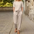 thumbnail image 2 of Mikilon Ensemble Élégant pour Femmes 2 Pcs Mode Col Rond Manches Courtes Haut Pantalon Long Ensemble Décontracté Mode Col Rond Manches Courtes Hauts Pantalons Ensemble Décontracté Kaki TP, 2 of 6