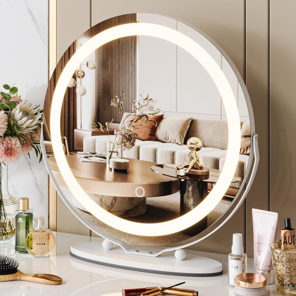 19 Inch Large Round Vanity Mirror with Lights, Round Led Makeup Mirror, Lighted Up Makeup Mirror with Lights for Bedroom Tabletop, Smart Touch Control 3 Colors Dimmable, 360°Rotation (White)