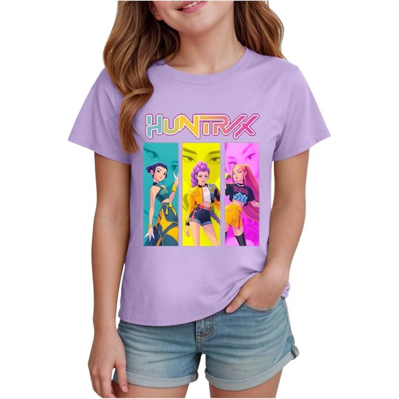 K pop Demon Chandail pour Filles, T-Shirt Graphique Mignon avec Dessin Animé, T-Shirt Tendance et Drôle, Chandail pour Enfants, Hauts Roses, Manches Courtes, Col Ras du Cou