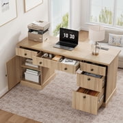 Memoryfield 60" Office Desk with File Drawers & Charging Station, Wood Executive Desk, Modern Computer Desk for Home Office, Natural