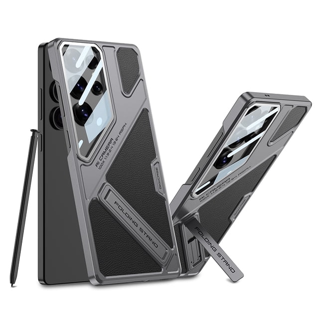 TYJKeJi Case with Kickstand Drop Resistant Shockproof Case for Samsung Galaxy S25 Ultra in grey. Features a dual-layer design with shockproof TPU and solid PC materials for enhanced protection. Includes a four-corner airbag anti-fall design and a built-in kickstand for hands-free use. Slim and lightweight with a matte finish and non-slip texture for a comfortable grip. Compatible with Samsung Galaxy S25 Ultra, device and pen not included.