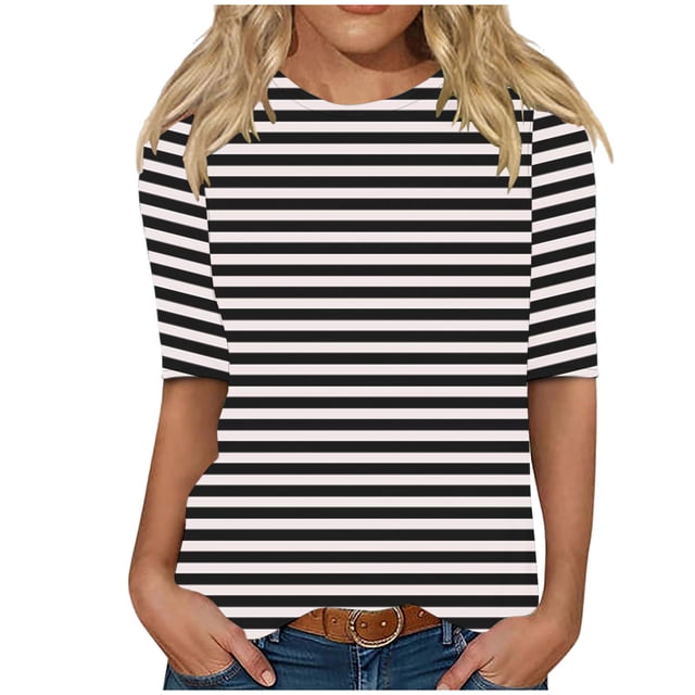 Enjoytime Blouses Grande Taille pour Femmes à Rayures Col Ras du Cou Manches Mi-Longues Chemises Décontractées Hauts de Travail de Bureau