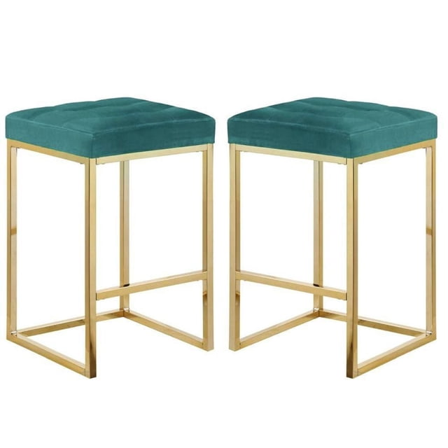 Pipe II - Tabouret de Comptoir de Couleur Verte - Ensemble de 2 avec Coussins Carrés en Velours Capitonné et Cadres en Acier Inoxydable Brossé Doré avec bases Rectangulaires Ouvertes, Mesurant 26 Pouces de Haut par 18 Pouces de Large et de Profond, Idéal pour la Cuisine et les Sièges de Salle à Manger.