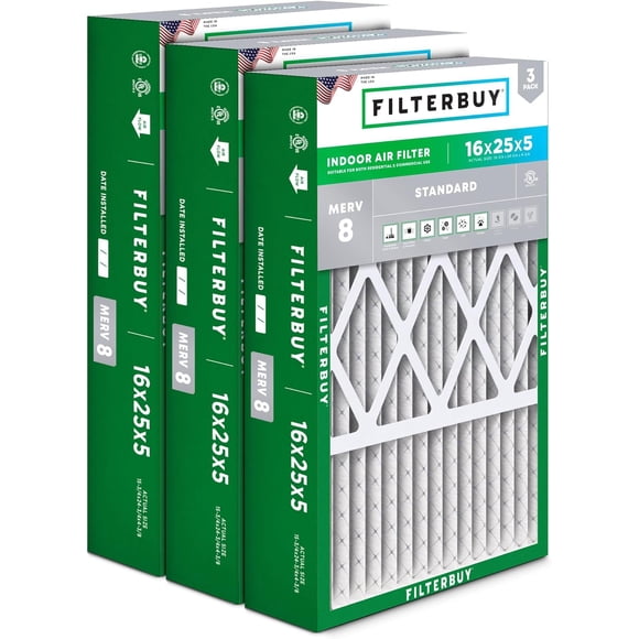 Filterbuy 16x25x5 Air Filter MERV 8 Dust Defense, HVAC AC Furnace Air Filters Replacement (3-Pack)