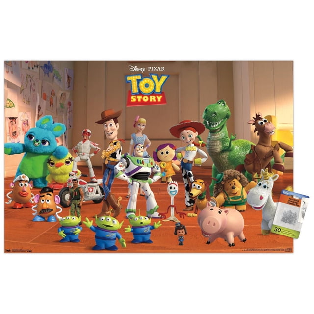 Disney Pixar Toy Story 4 - Affiche Murale Collage, 22,375 Pouces x 34 Pouces Encadrée Présentant une Vue Orientée vers l'Avant des Personnages Principaux de Histoire de jouets Incluant Buzz Lightyear, Woody, Jessie, Rex, Bullseye, Hamm, Forky, Mr. Potato Head, et Trois Extraterrestres Verts sur un Plancher de Bois avec un Mur beige Décoré de Dessins pour Enfants, art Mural Idéal pour la Déco de la Maison et les Chambres d'Enfants.