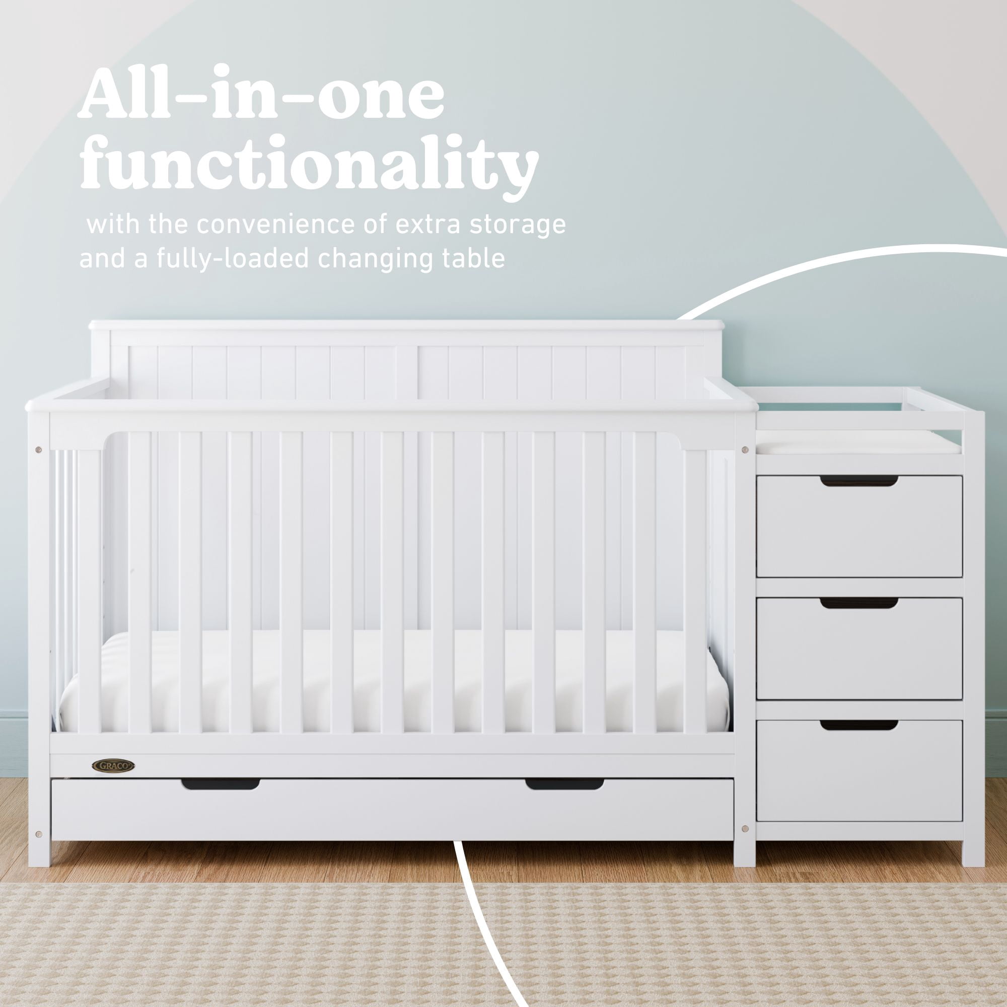 Lit de bébé convertible 5 en 1 avec tiroir et table à langer Hadley de Graco, Blanc