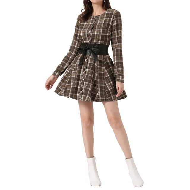 INSPIRE CHIC Robe-Chemise Trapèze à Carreaux pour Femme à Manches Longues avec Ceinture Brun TP