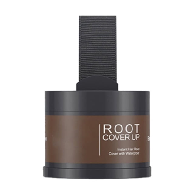 Bradem Hairline Powder in brown shade, a semi-permanent hair colour product for hairline coverage and root touch-up. Compact design with a mini size container featuring a powder puff for easy application. Sweatproof and windproof formula suitable for all hair types, offering natural-looking coverage for thinning hair or gray roots. Packaged in a durable plastic container with a sleek design.