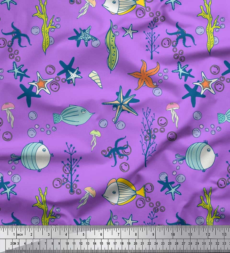 Soimoi Tissu Poly Georgette Poisson, Corail & Étoile de Mer Imprimé Océan 1 Yard 52 Pouces de Large