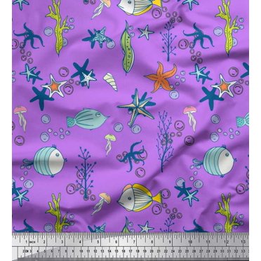 Soimoi Rayon Fabric Fish,Coral & Starfish Ocean Fabric Prints by Yard 42 Inch Wide