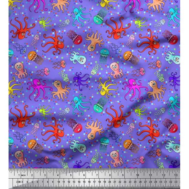 Soimoi Rayon Fabric Dot,Octopus & Jellyfish Ocean Fabric Prints by Yard 56 Inch Wide