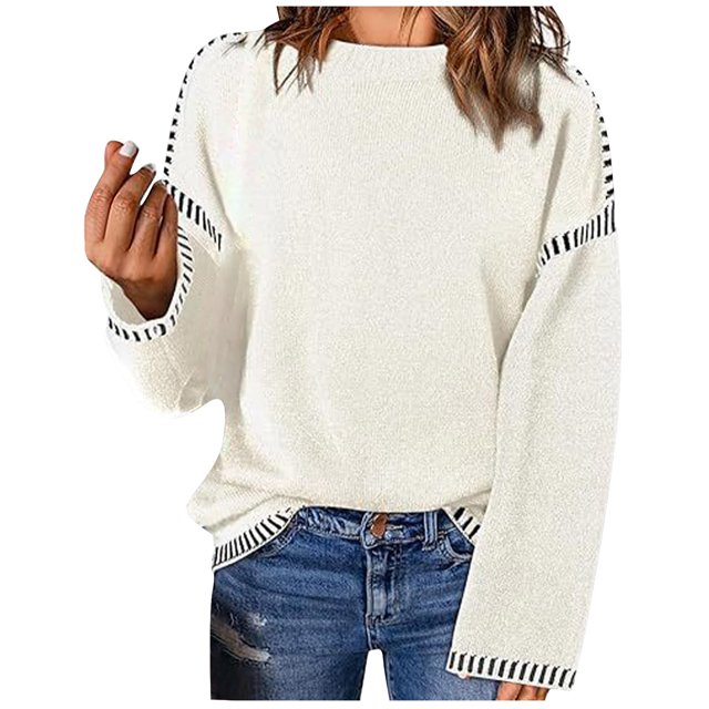 Timegard Chandails pour Femmes Épaules Tombantes Ample Col Rond Chandail Automne Habillé Décontracté Confortable Hauts en Tricot