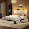 thumbnail image 1 of GUNAITO Full Size Bed Frame with 4 Storage Drawers, Velvet Upholstered LED Bed with LED and USB Ports, Modern Wingback Headboard Bed with Bedside Storage Board, Beige, 1 of 8