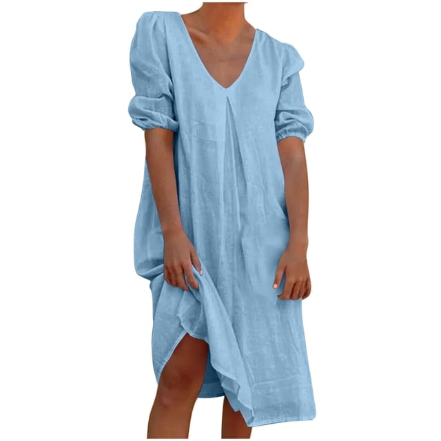 Liquidation d'Été 2025! Robe pour Femme Grande Taille, Liquidation de Robes d'Été pour Femmes, Combinaison d'Été pour Femme en Coton et Lin à Manches Courtes, Col en V, Manches Courtes, Jupe Longue