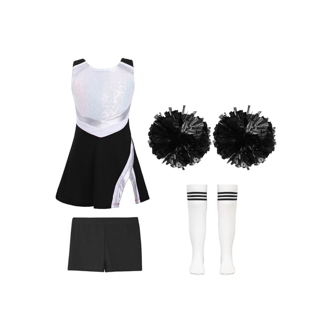 Oyolan Filles Enfants Ensemble 4 Pcs Costume de Cheerleading avec Shorts Pompons Chaussettes Ensemble Robe de Danse de Lycée Tenue de Cheerleader A Blanc 4