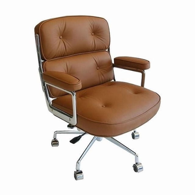 Office Chair Lobby Comfortable Tan Executive Conference Ergonomic with tan faux leather seat and back cushions featuring button tufting, chrome solid steel arms with padded armrests, height and tilt adjustment, and chrome steel rolling base with five caster wheels, suitable for executive offices and conference rooms.