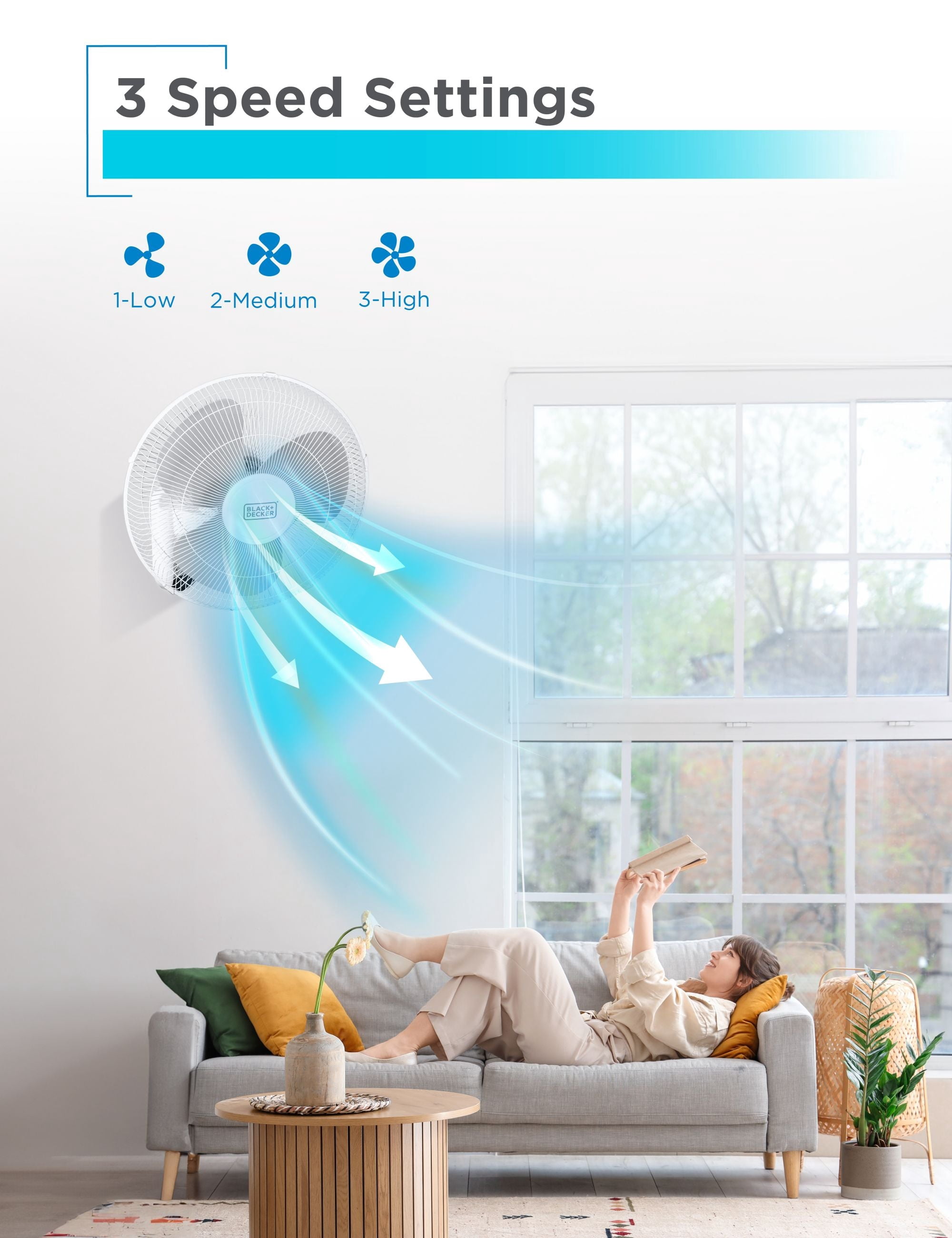 Ventilateur mural BLACK+DECKER 16 po avec télécommande, ventilateur oscillant à 3 vitesses et minuterie d'arrêt automatique