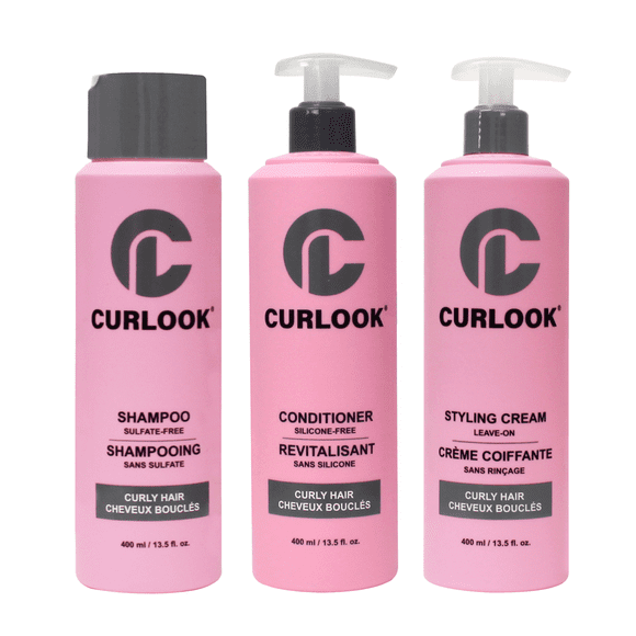 Curlook Ensemble pour Cheveux Bouclés / Shampooing, Revitalisant et Crème Coiffante Sans Rinçage / Sans Sulfate, Sans Silicone / Lot de 3-400 ml (13,5 oz) par Bouteille / Fabriqué au Canada
