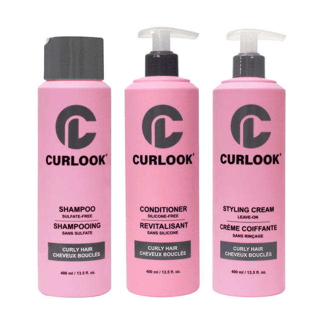 Curlook Curly Hair Package | Shampoo, Conditioner & Leave-In Styling Cream Set | Sulfate-Free, Silicone-Free | Pack of 3-400ml (13.5 oz) Each Bottle | Made in Canada