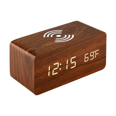 Boovnll Réveil, Réveil Électronique Numérique en Bois avec Recharge, Horloge de Chevet Sans Fil avec Recharge, Horloge Numérique en Bois, Horloge de Bureau, Horloge