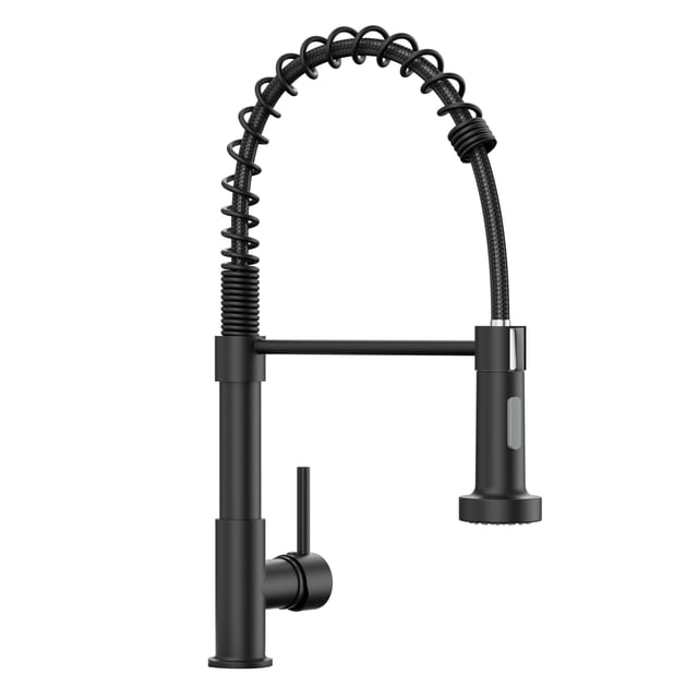 APPASO Commercial Spring Kitchen Faucet with Sprayer in matte black stainless steel, designed for kitchen renovation and faucet accessories. Features include a single handle, pull-out spring nozzle, dual spray modes, 360-degree swivel, and a horizontal bar for space-saving functionality. Ideal for kitchens, outdoor spaces, bars, RVs, and restaurants.