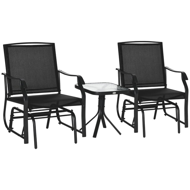 Outsunny Ensemble de 3 Pcs de Chaises Berçantes de Patio avec Deux Chaises Berçantes Noires Dotées d'Un Tissu en Maille Respirante, d'Accoudoirs Courbés et de Dossiers Hauts pour le Confort. Comprend une table Carrée en Verre Trempé. Cadre en Acier Enduit de Poudre Assure la Durabilité, Idéal pour patios, Jardins Ou Petits Espaces Extérieurs.
