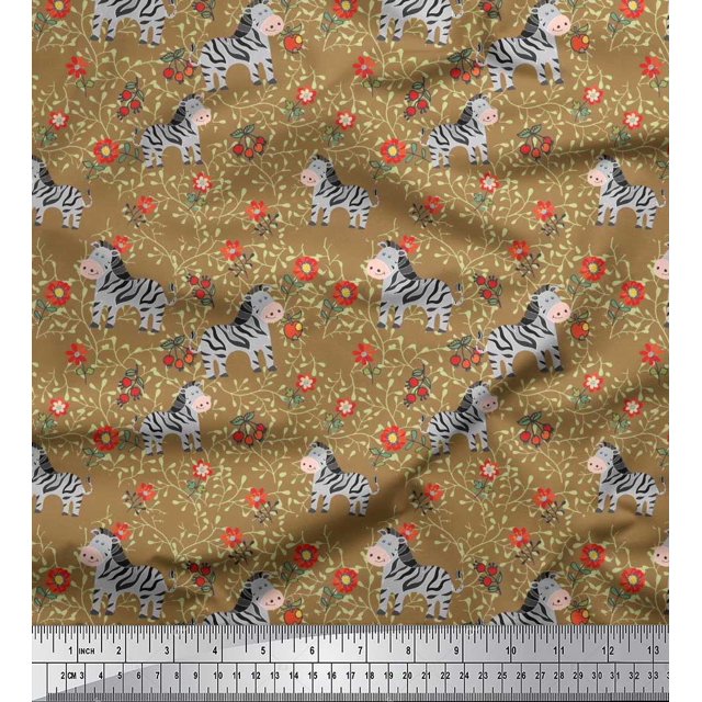 Soimoi Brown Polyester Crepe Fabric Leaves,Floral & Animal Cartoon Print Sewing Fabric BTY 52 Inch Wide