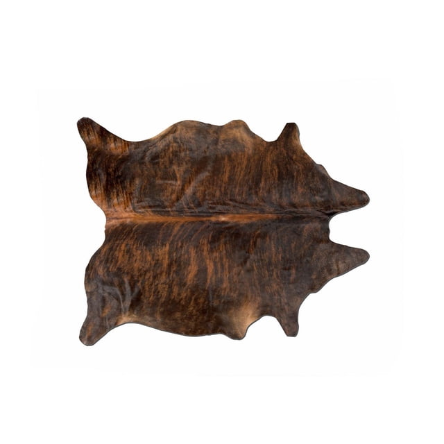 H-Natural Kobe Exotic Cowhide 6'X7' area rug with natural irregular shape, dark brown and black brindle pattern, soft low pile with supple sheen, fade-resistant and durable for high-traffic indoor use, shown flat on white background.