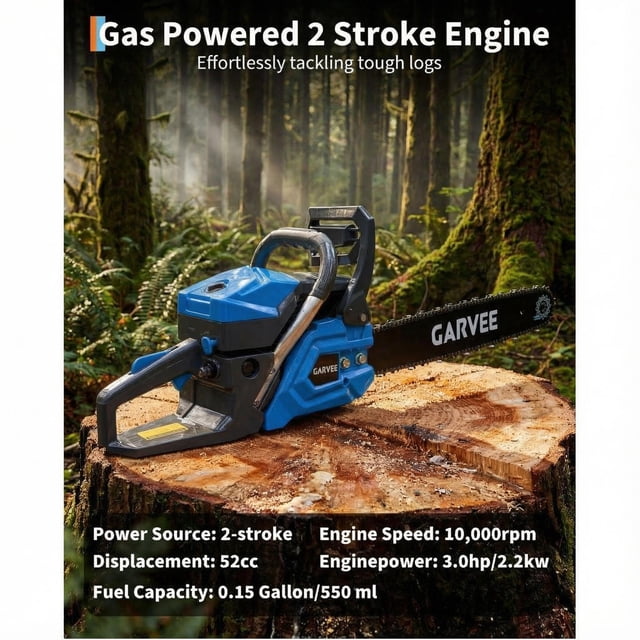 AKDSteel 52cc/58cc Gas Chainsaw with 20" Bar, Powerful 2-Stroke Engine, 2.2kW Output, Quick Start, Chain Brake, and Anti-Vibration Design for Tree, Wood, and Land Cutting Tasks