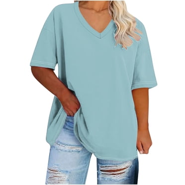 FAIWAD Women Summer Tops Plus Size Casual V Neck Drop Shoulder T-Shirt Loose Short Sleeve Comfy Basic Tunic Tops