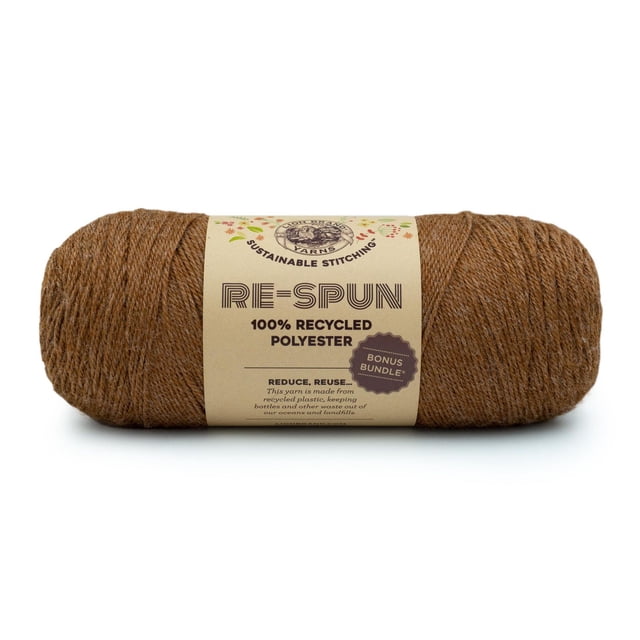 Lion Brand Re-Spun Bonus Bundle Yarn in heliotrope, a 284-gram skein of 100% recycled polyester worsted weight yarn made from recycled plastics, machine washable and dryable, with a label highlighting sustainable stitching, ideal for knitting, accessories, and home décor projects.
