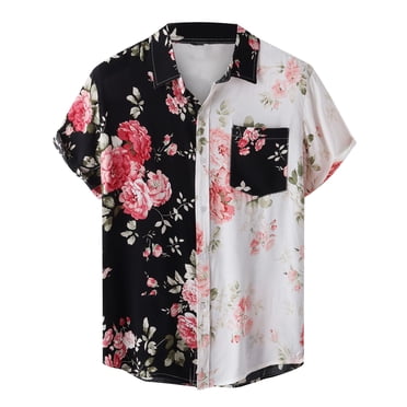 Denim Shirt Men Men Casual Patchwork Buttons Beach Non-Positioning Floral Print Turndown Short Sleeve Shirt Blouse Shirt for Men Casual