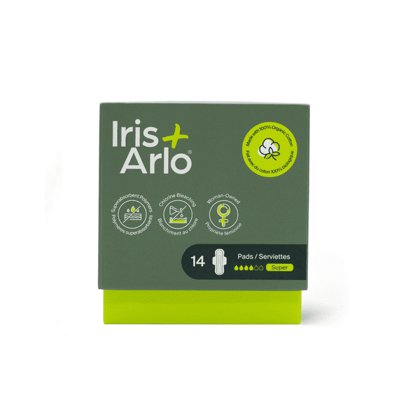 Iris + Arlo Organic Pads with Wings, Super, 100% Cotton, Chemical-Free, Non-Toxic, No Plastic (14 Count)