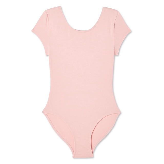 George Justaucorps à Manches Courtes pour Filles, Justaucorps de Danse en Tricot jersey Rose Pâle avec Encolure Ronde, Manches Courtes et Liens Élastiqués pour une Coupe Extensible, Convient au ballet et aux Vêtements de Sport pour Filles.