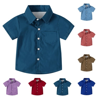 Jovati Short Sleeve Round-Neck Shirt for Boys, Solid Color Casual School Uniform Top with Front Pocket, Polyester Spandex Blend, Machine Washable, Breathable, Lightweight, for Ages 2–15 Years
