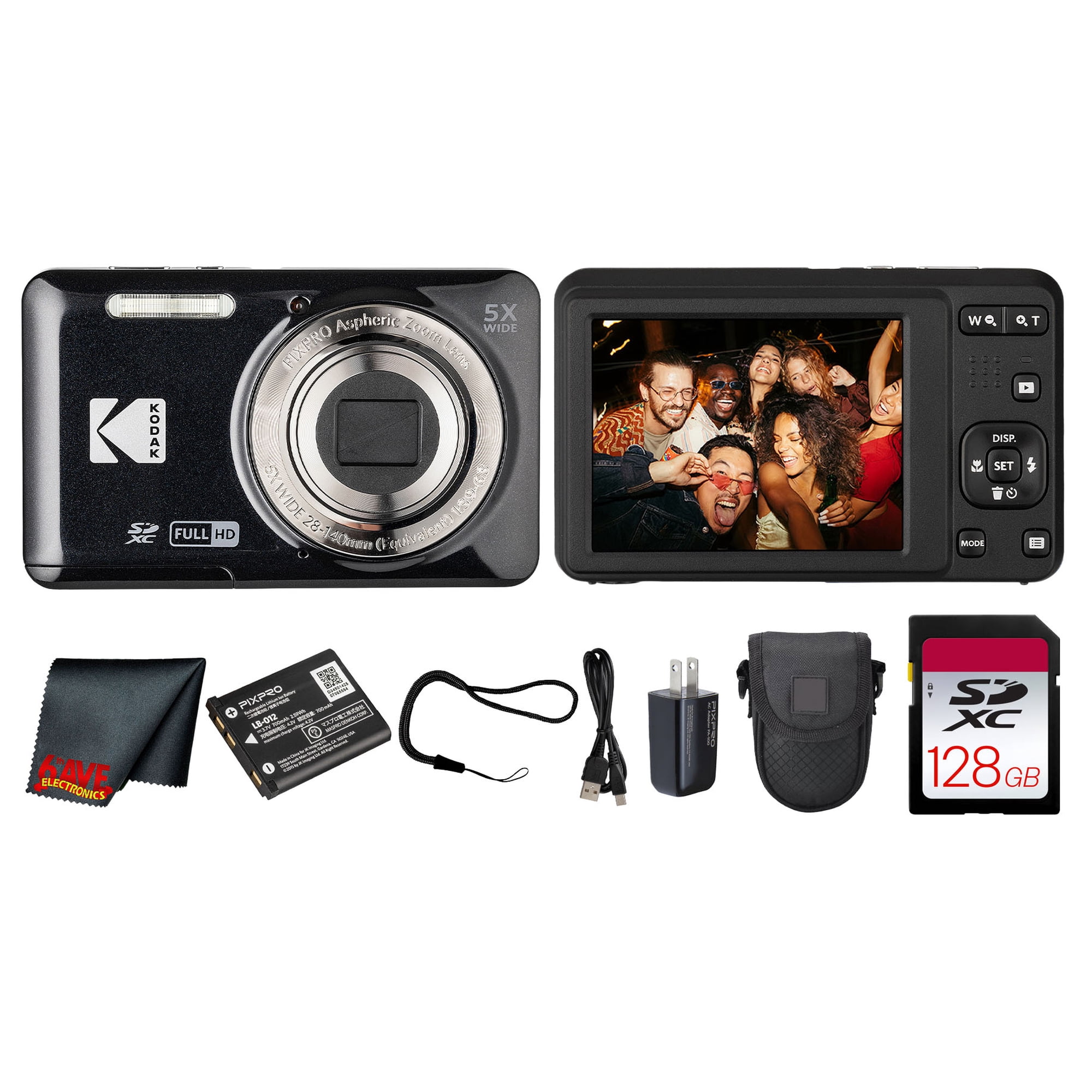Kodak PIXPRO FZ55 Digital Camera (Black) (FZ55BK) + 128GB Card +