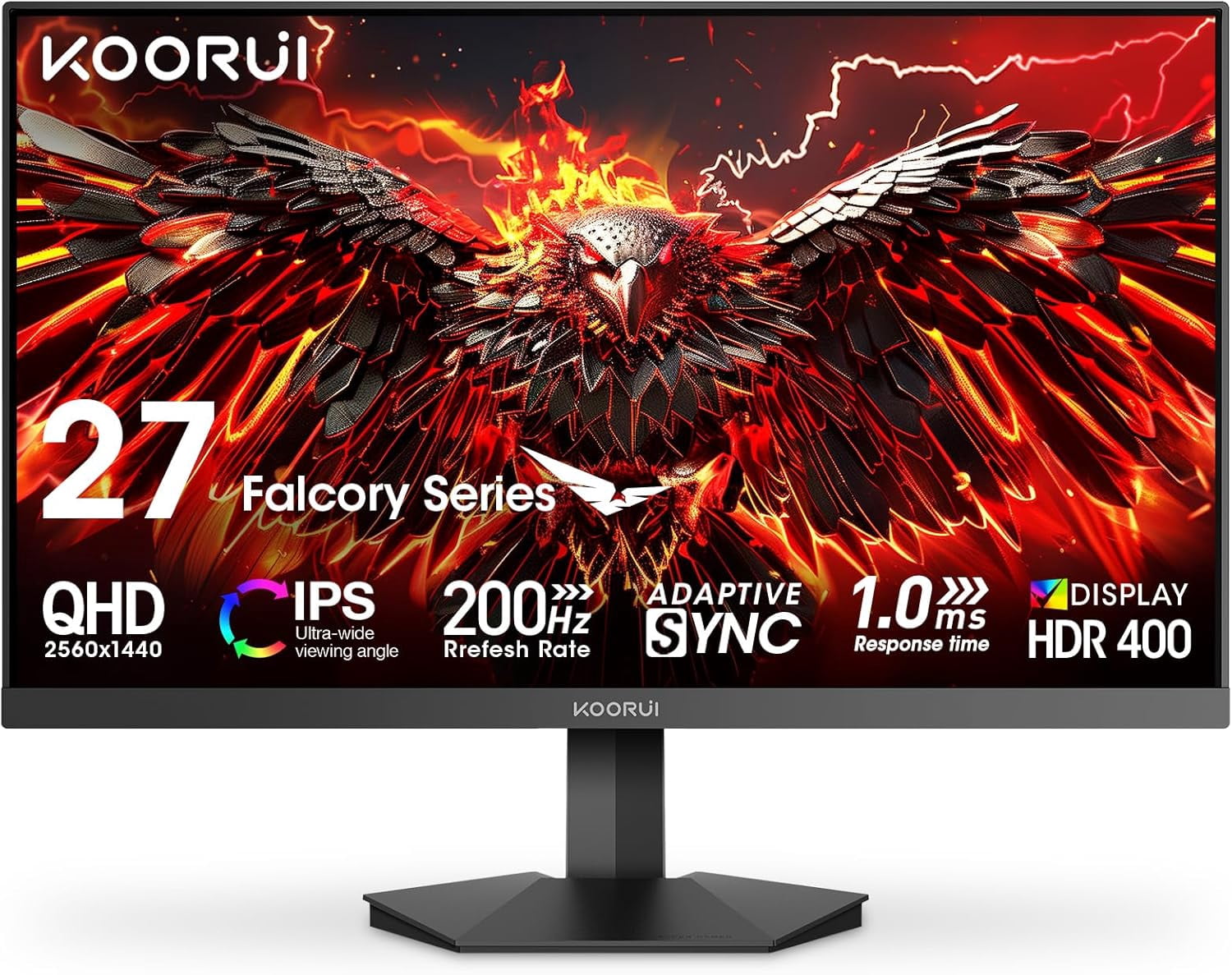 KOORUI 27" 2560 x 1440 (2K) Moniteur de Jeu IPS 200 Hz FreeSync Premium (AMD Adaptive Sync) 95% DCI-P3 G2721P