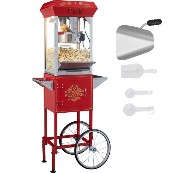 KFFKFF Machine à Maïs Soufflé avec Chariot, Appareil de Cuisson pour Maïs Soufflé 850 W, Contenant de 8 Oz Produisant 48 Portions par Cycle, Créateur de Maïs Soufflé Équipé d'Un Verre Trempé, Livré avec 4 Louches, Rubis