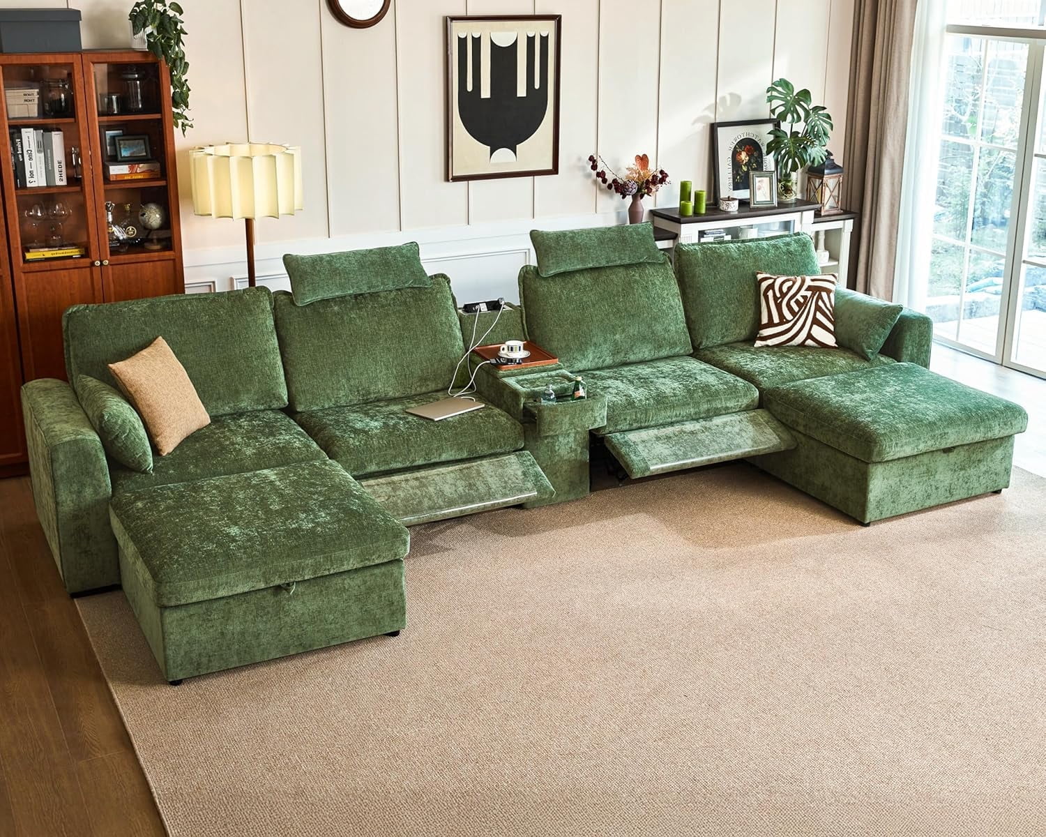 BEDEEP 174.4'' Power Recliner Sofa with Headrest Console, Moduar Cloud Sectional Chenille Reclining Couch with Storage Ottoman Chaise, Convertible 6-Seater Sofa Couch for Living Room RV, Green