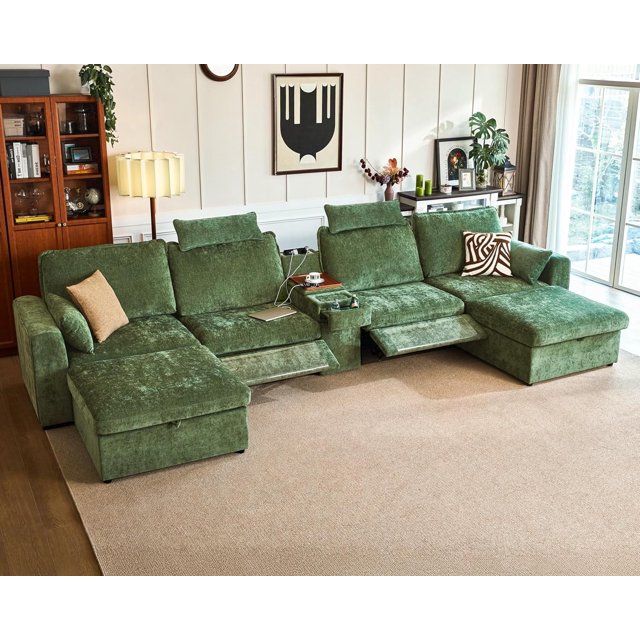 BEDEEP Canapé Inclinable Électrique 174,4 Pieds' avec Console d'Appui-tête, Canapé Sectionnel en Chenille Moduar Cloud avec Ottoman de Rangement, Canapé Convertible 6 Places pour Salon RV, Vert