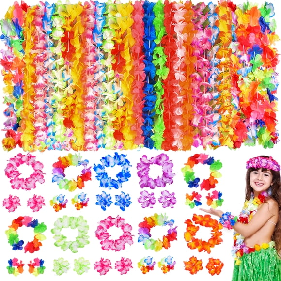 Fun Little Toys 80 Pcs Flower Necklace Headbands Wristbands, Tropical Hawaii Themed Pool Party Supplies Favors, Holiday Tiki Summer Beach Kids Adults