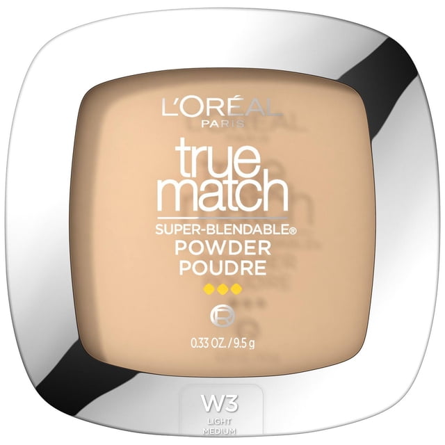 L'Oréal Paris True Match Powder 9.5 g in W3 Light Medium shade, compact square case with reflective silver edges, featuring super-blendable, triple milled, vitamin-rich, oil-free powder for sheer to medium coverage, suitable for complementing foundation and concealer.
