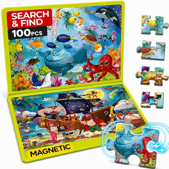 Quokka Casse-Têtes pour Enfants de 3 à 5 Ans - 100 Pcs Livre de Casse-Têtes Magnétique pour Tout-Petits de 4 à 6 Ans - Search et Trouver - Ocean & Pirates